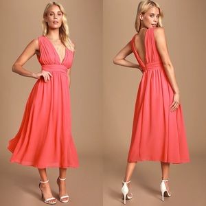 Lulu's Divine Dahlia Coral Pink Midi Dress Medium